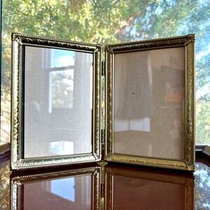 Vintage Hinged Double Picture Frame Gold Tone with Purple Velvet Back